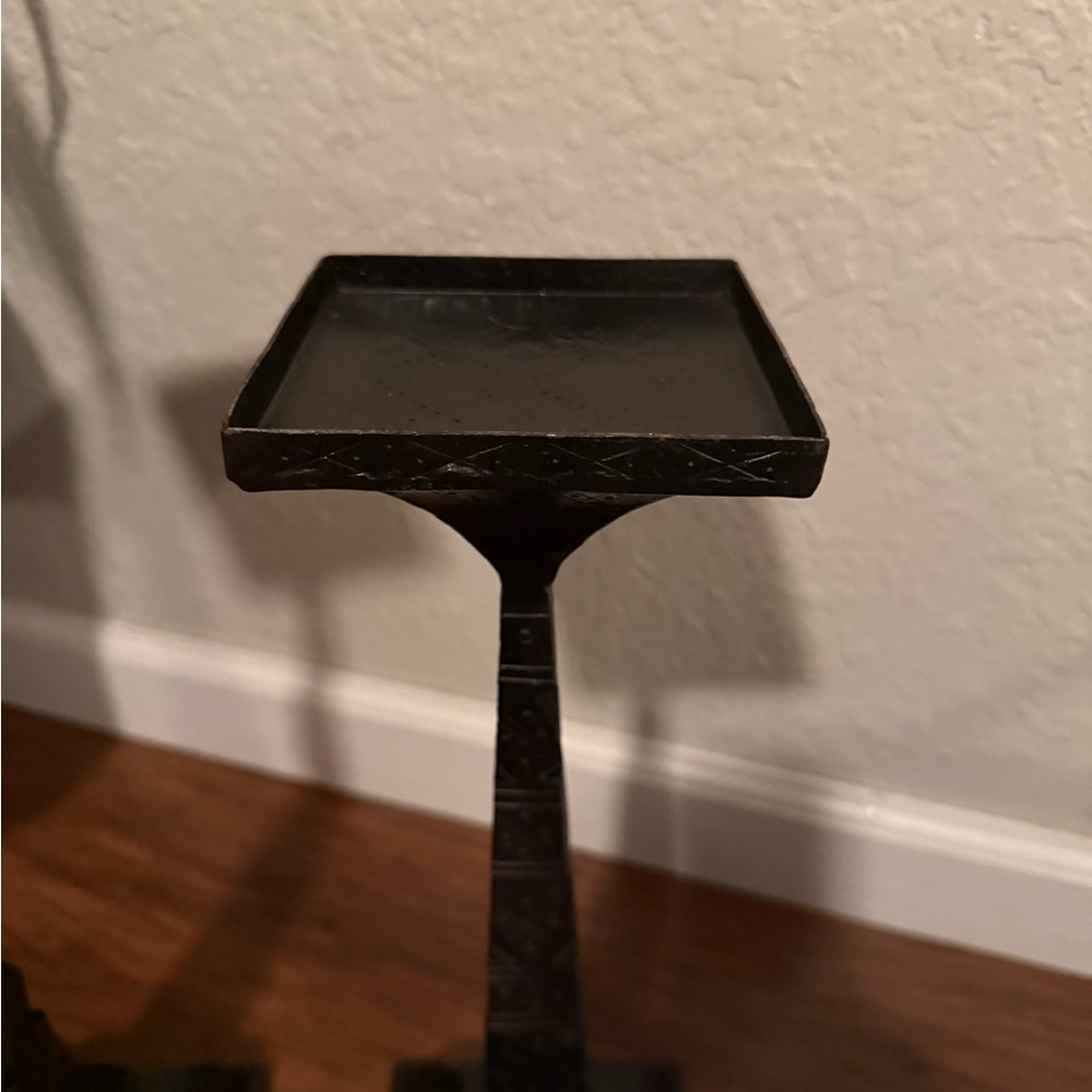 Pair of Cast Iron Pedestals with Decorative Pattern, Square Tops, 17" & 13" Tall - Picture 6 of 11